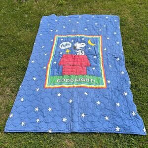 Vintage 1960's Snoopy Good Night Handmade Quilt Bedspread - Peanuts Blue Rainbow
